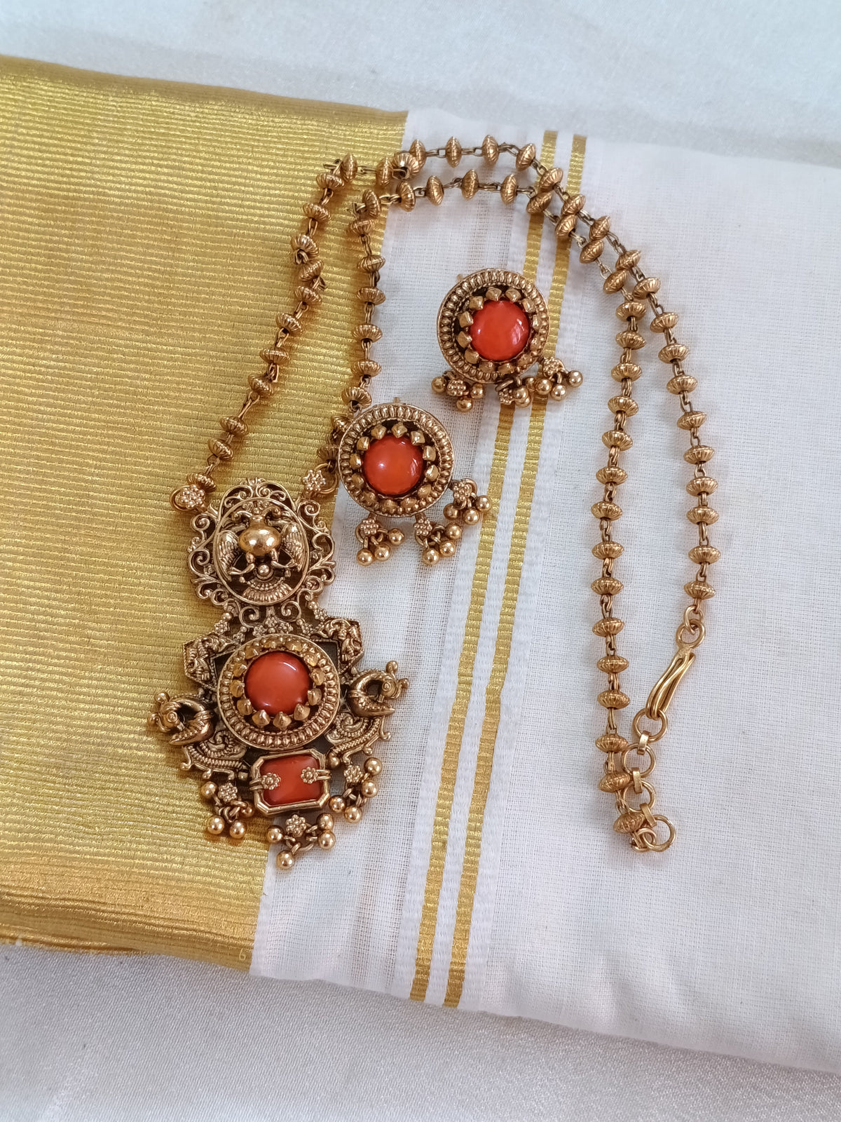 Coral Pendant Mid Long Necklace Set V264