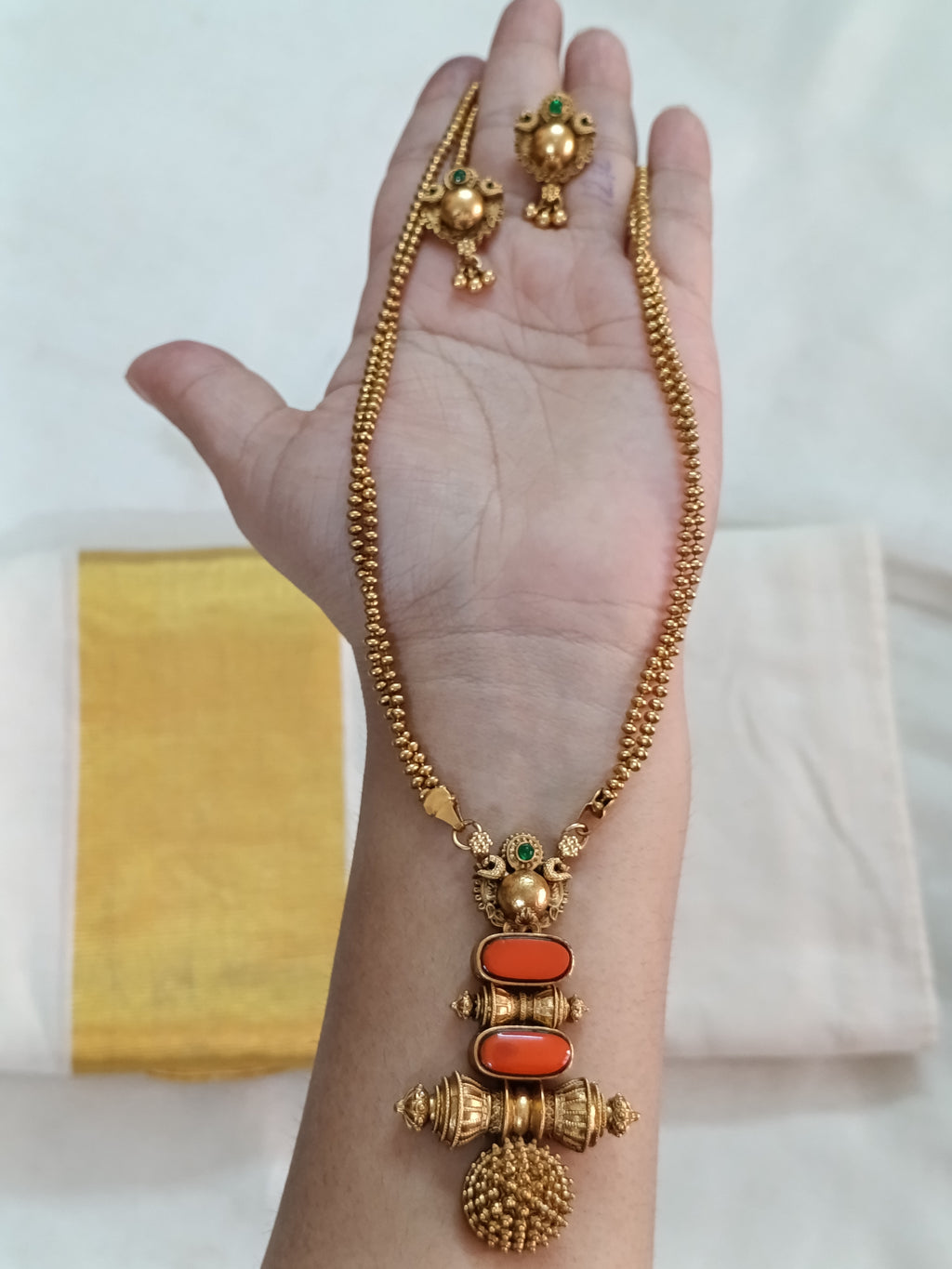 Coral Pendant Mid Long Necklace Set V263