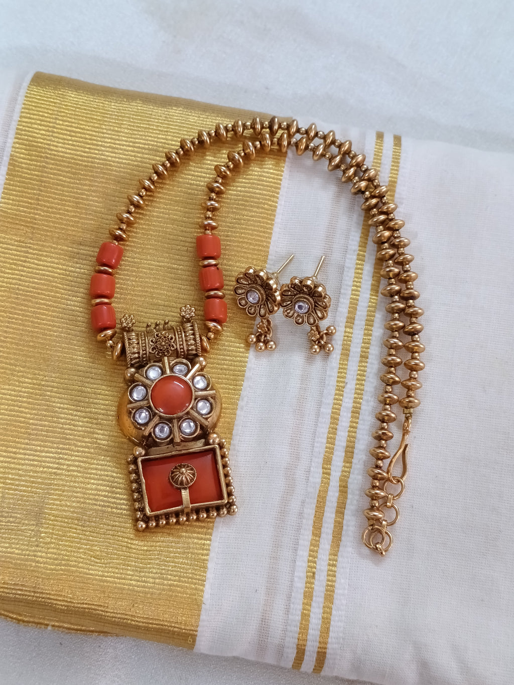 Coral Pendant Mid Long Necklace Set V261