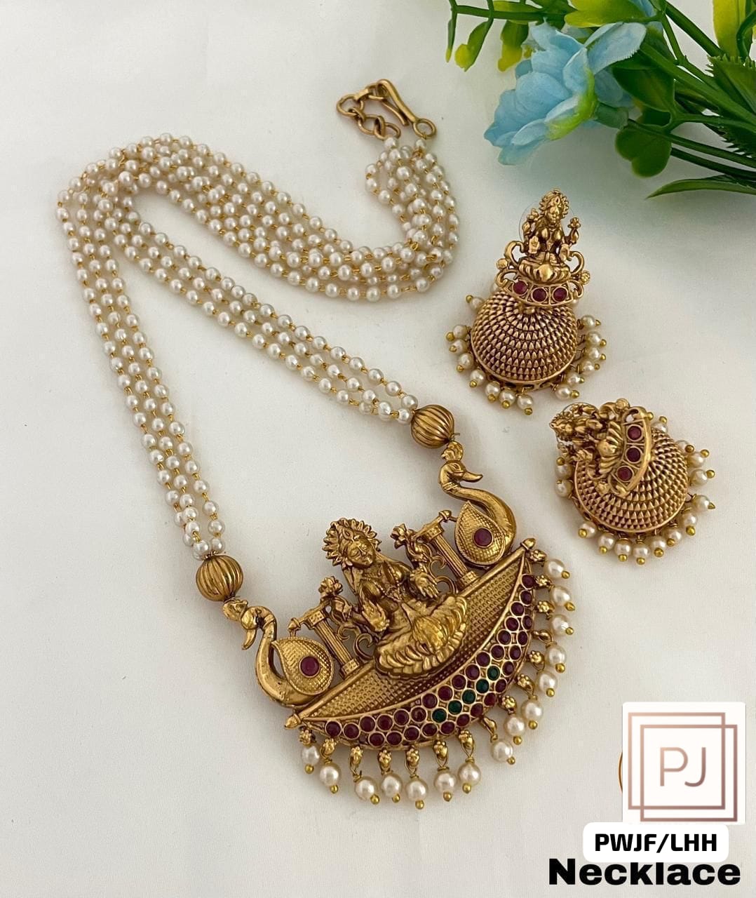 Lakshmi Pendant with Pearl Long Necklace Set