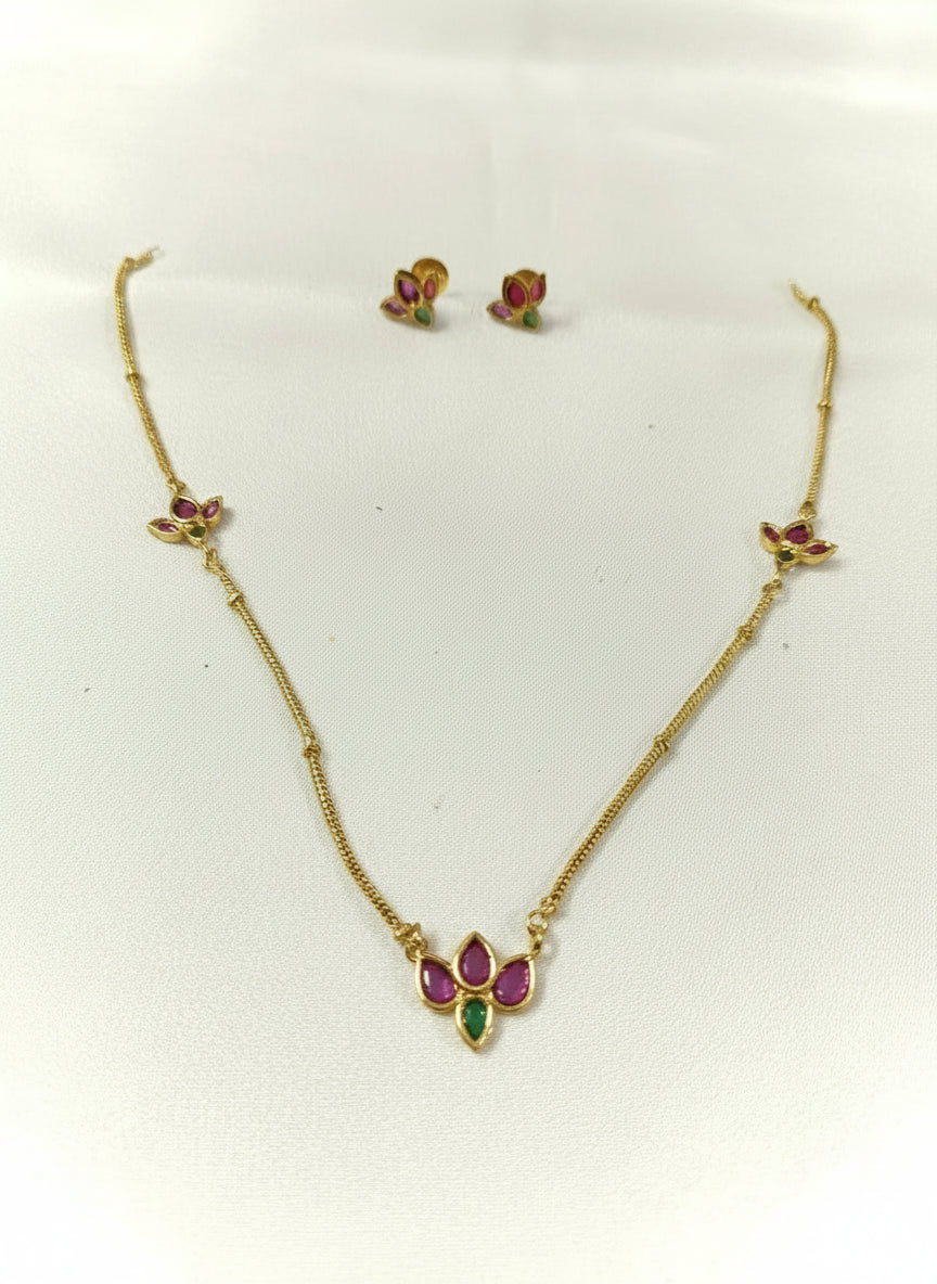 Ruby Emerald Lotus Chain Necklace Set
