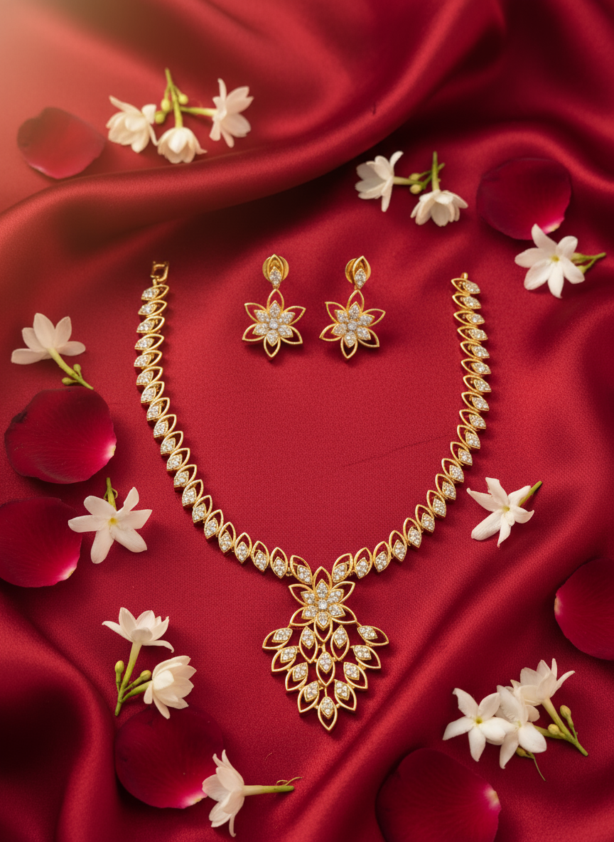 AD Stone Palakka Necklace on Red Satin with Flowers