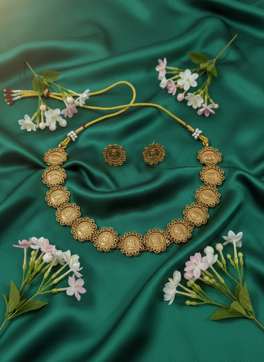 Gold necklace on green satin with flowers