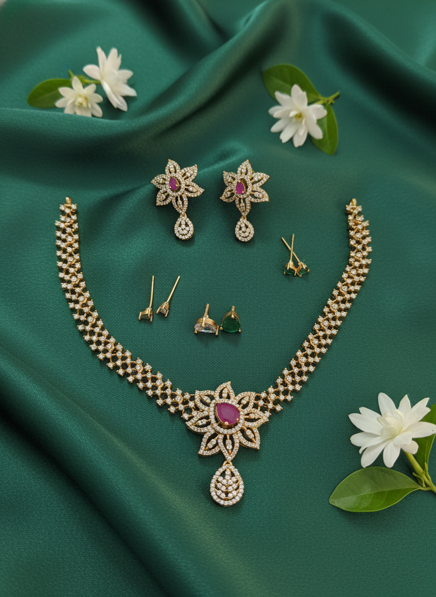 Gold necklace set with pink gemstone on green satin with flowers