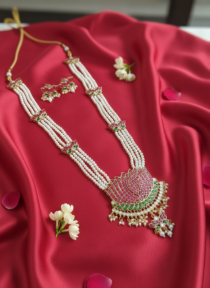 Long pearl necklace on red satin with flowers