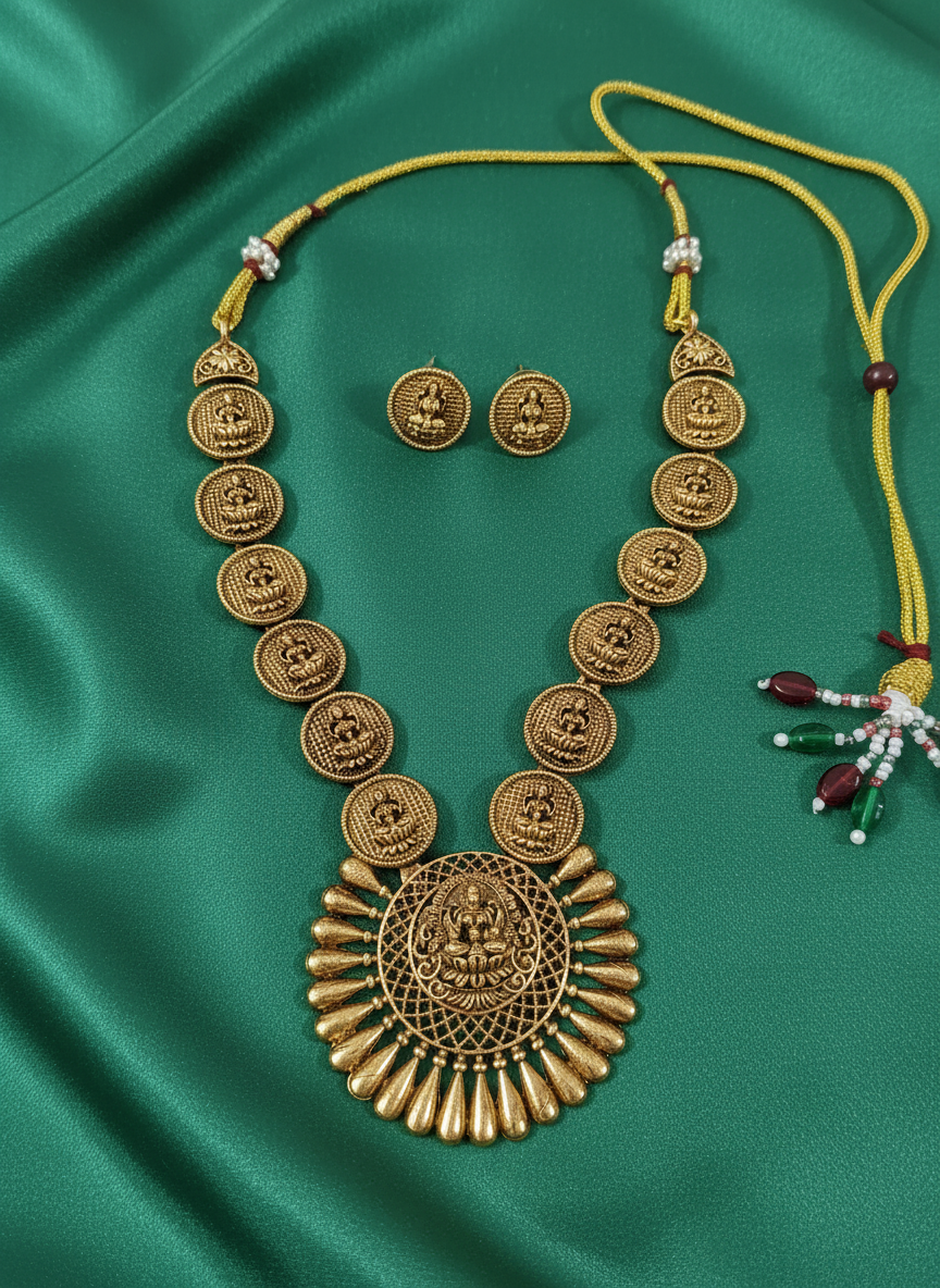 Necklace on green satin cloth