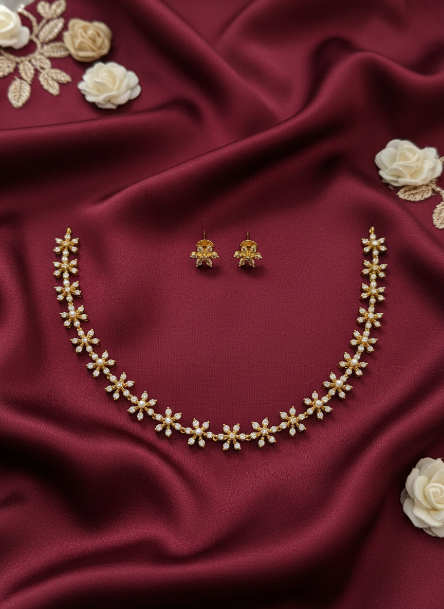 Necklace on maroon satin with flowers