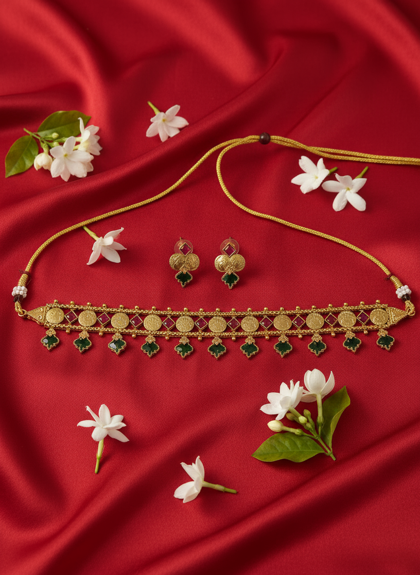 Necklace on red satin with flowers