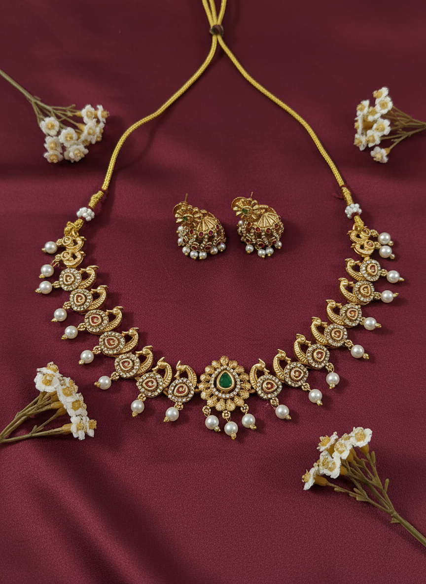 Peacock necklace on maroon satin with flowers