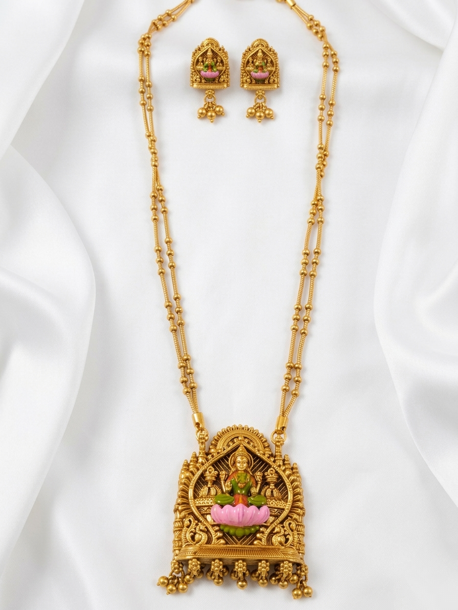 Enamel Lakshmi Pendant Mid Long Necklace Set V10