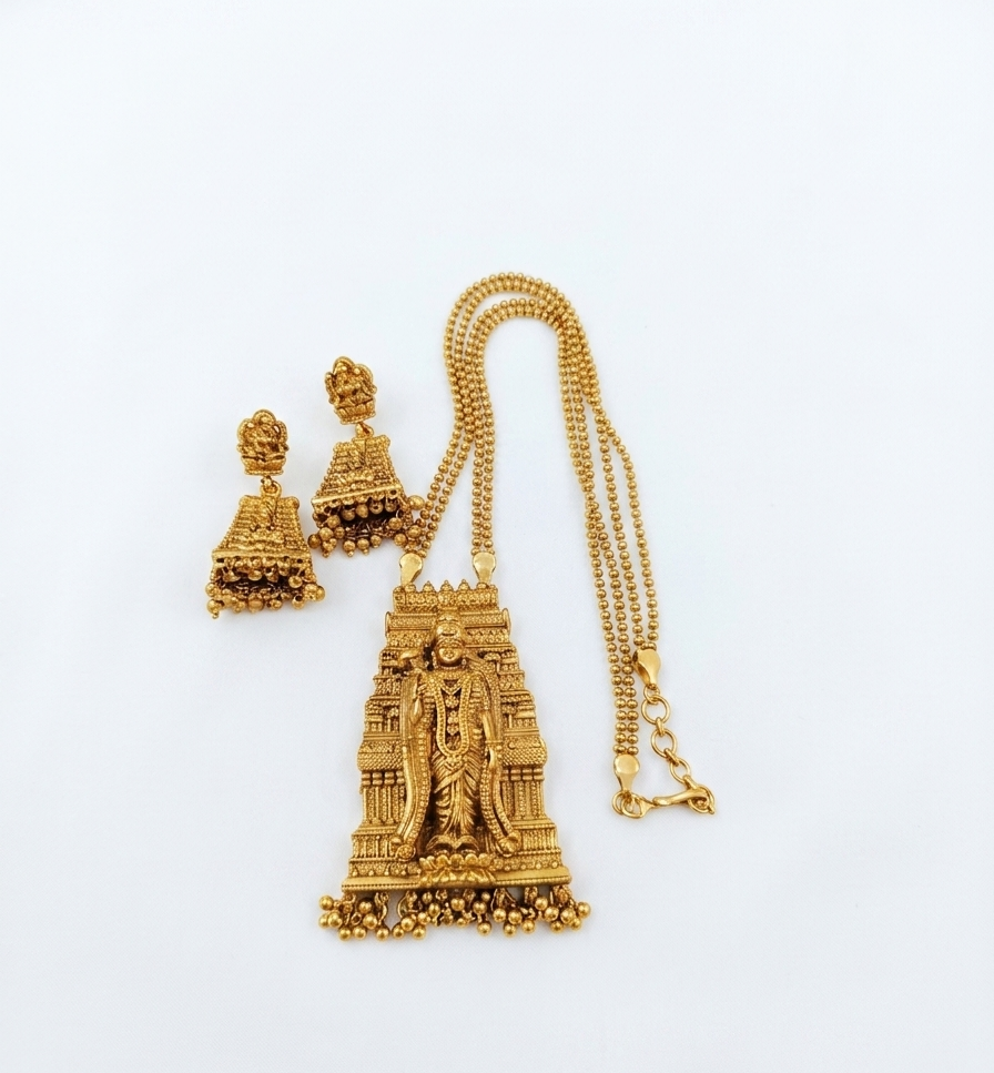 Meenakshi Amman Temple Mid Long Necklace Set V1