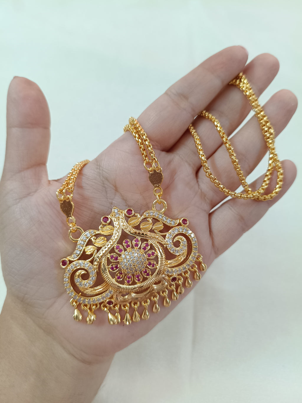 Micro Polish Peacock AD Stone Long Necklace Set V2