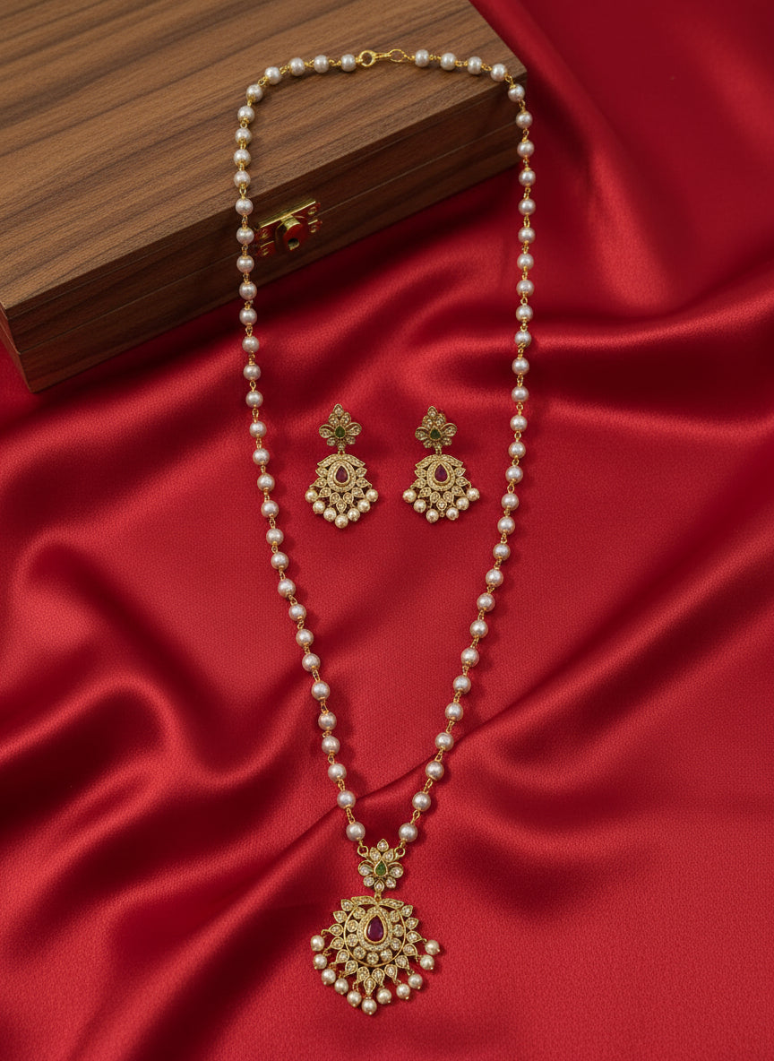 Pearl Pendant Long Necklace Set
