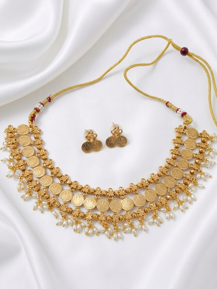 Coin Necklace With Rice Pearl Drop