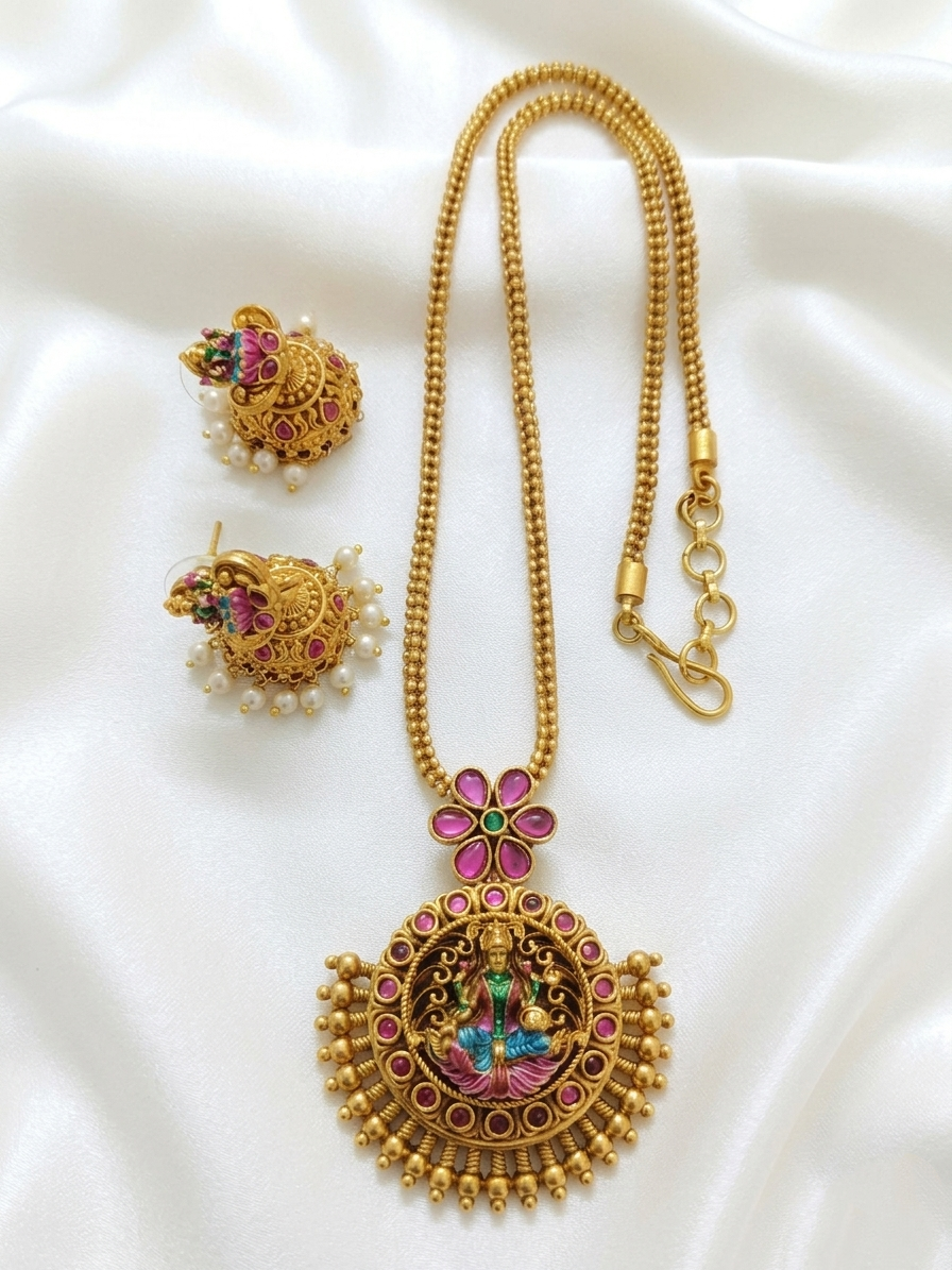 Enamel Lakshmi Pendant Mid Long Necklace Set V13