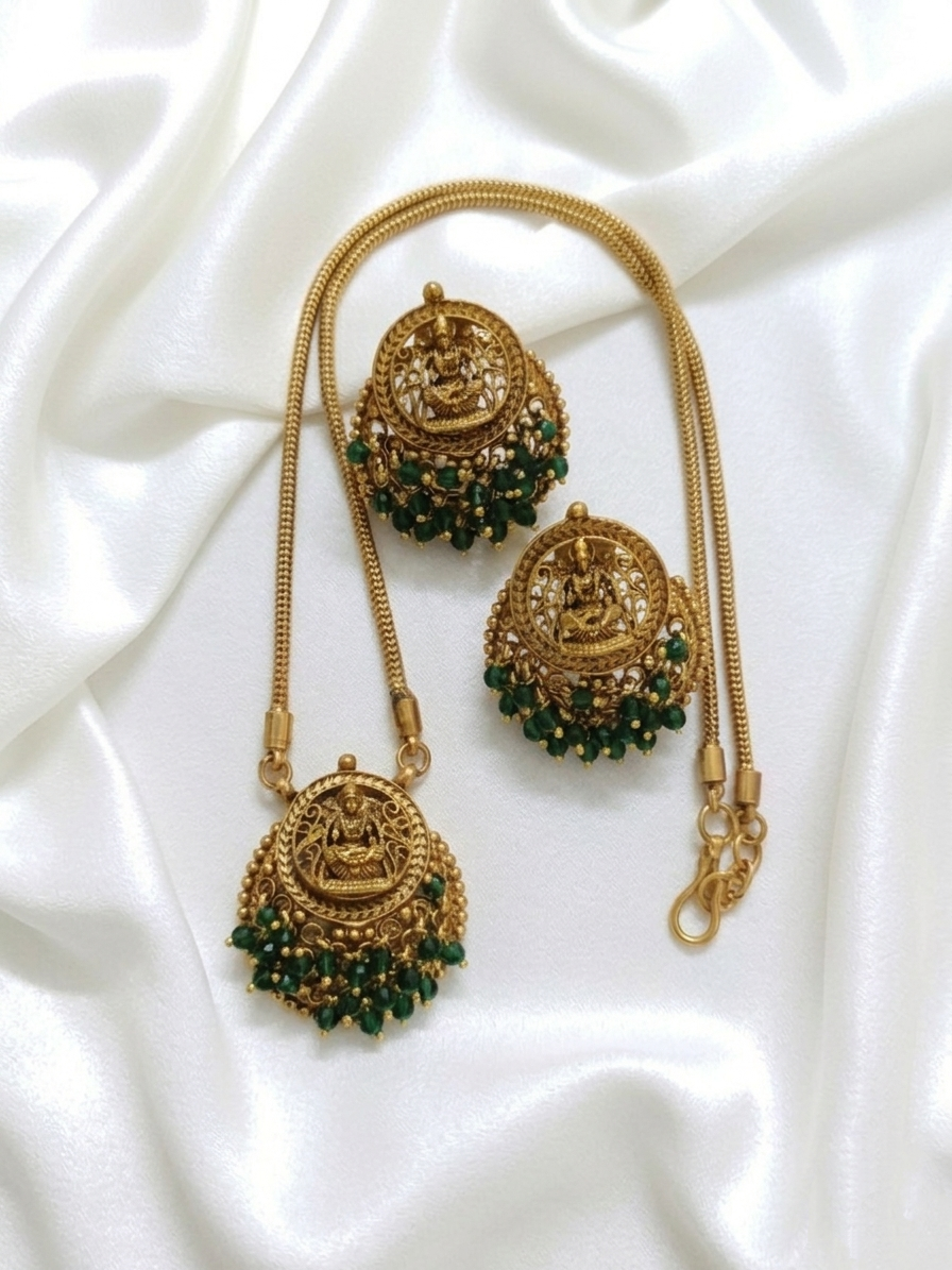 Lakshmi Beaded Pendant Mid Long Necklace Set