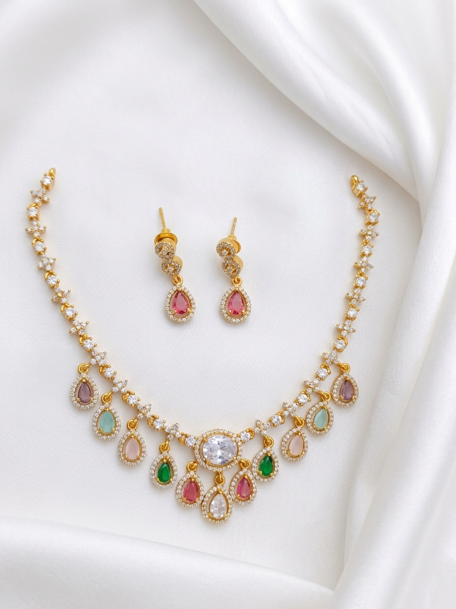 Premium Quality Navaratna Necklace Set