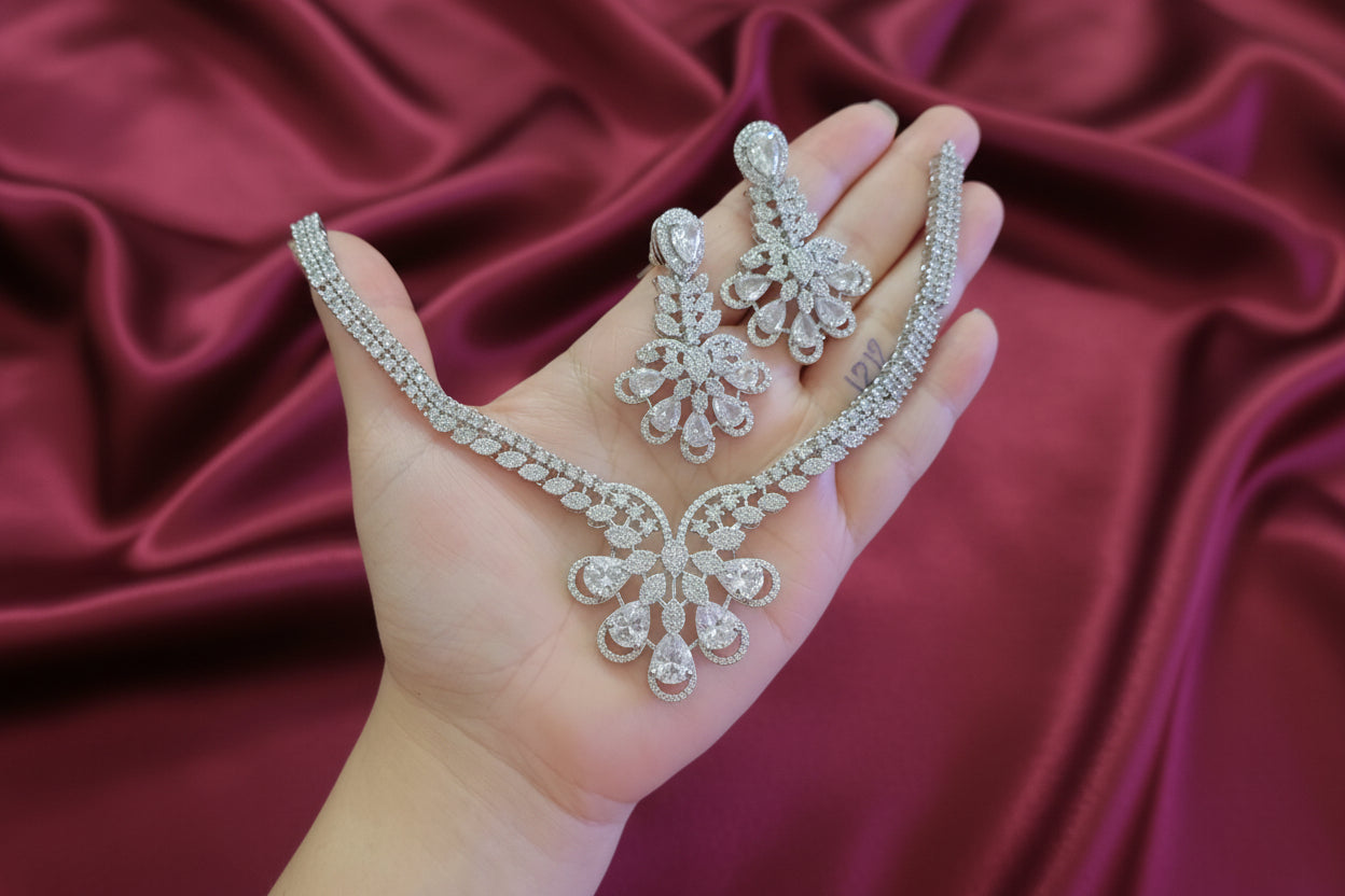 Rhodium Polish AD Flower Necklace Set