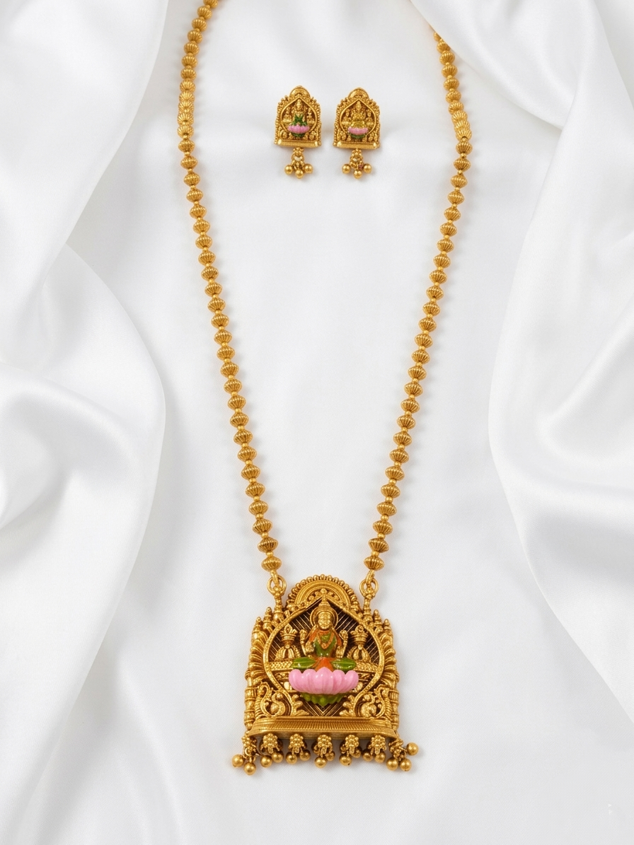 Enamel Lakshmi Pendant Mid Long Necklace Set V8