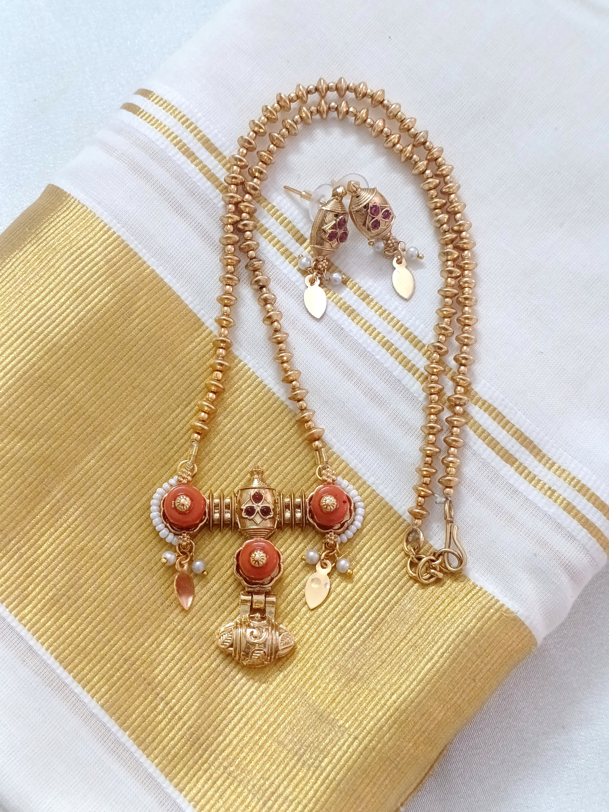 Coral Pendant Mid Long Necklace Set