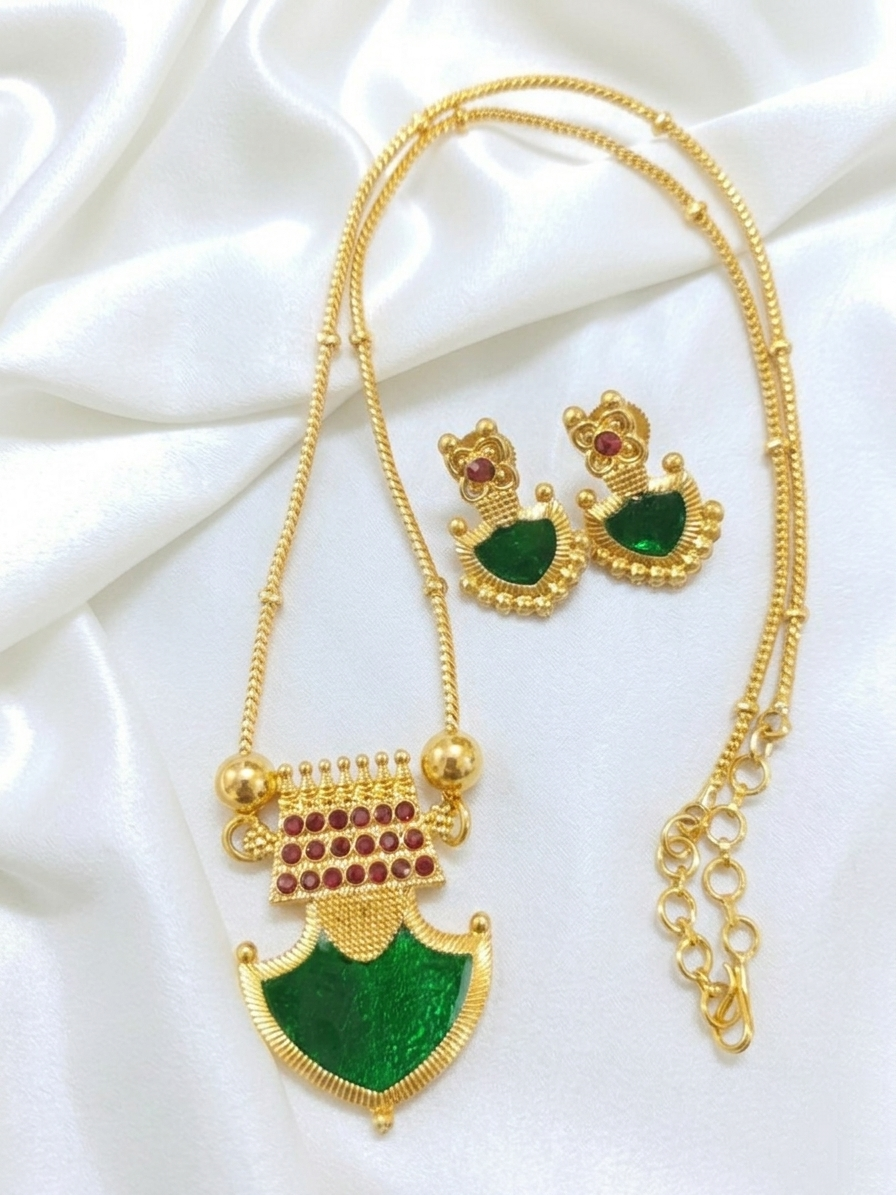 Palakka Pendant Mid Long Necklace Set