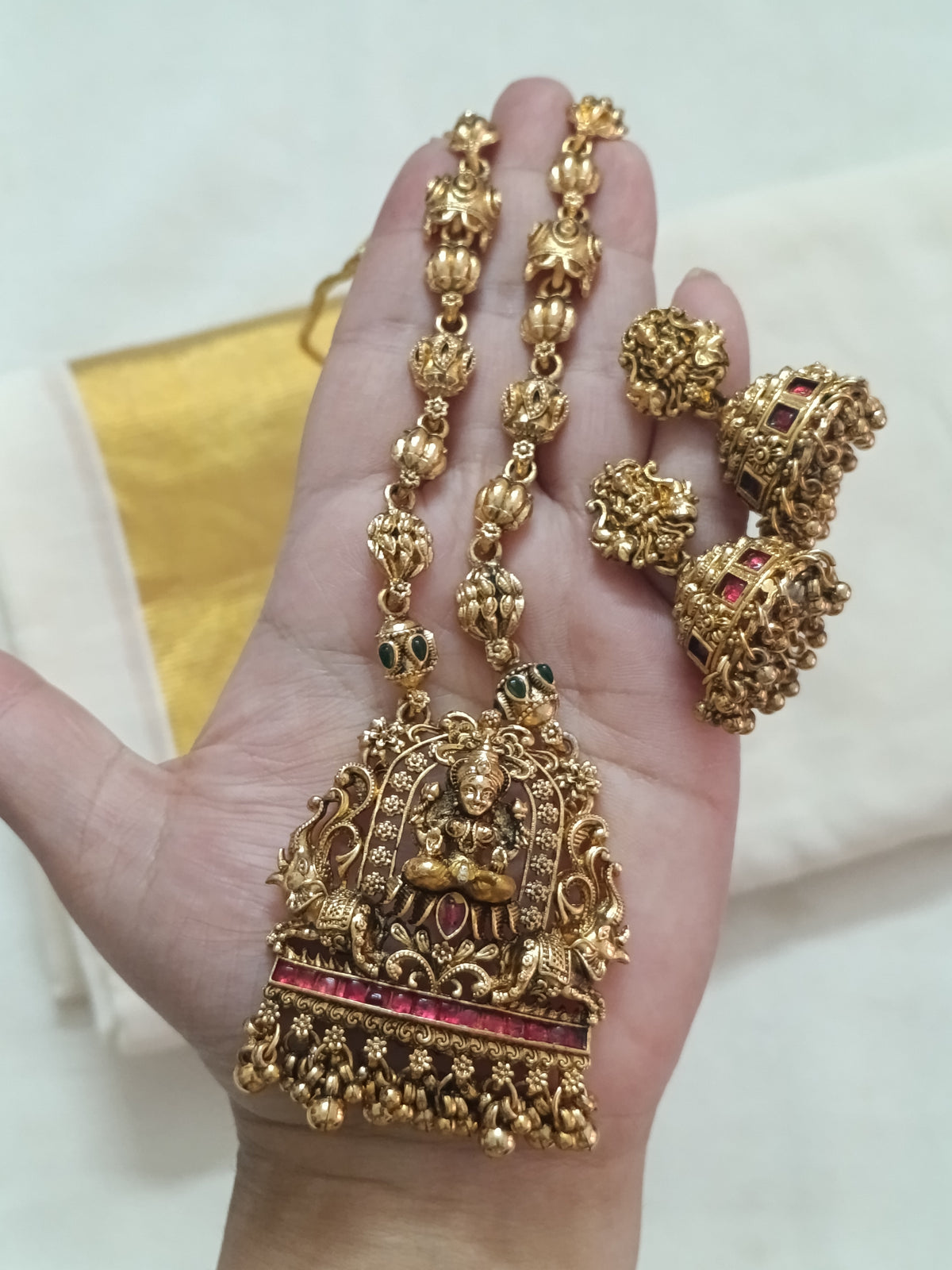Temple Lakshmi Pendant Mid Long Necklace Set V6