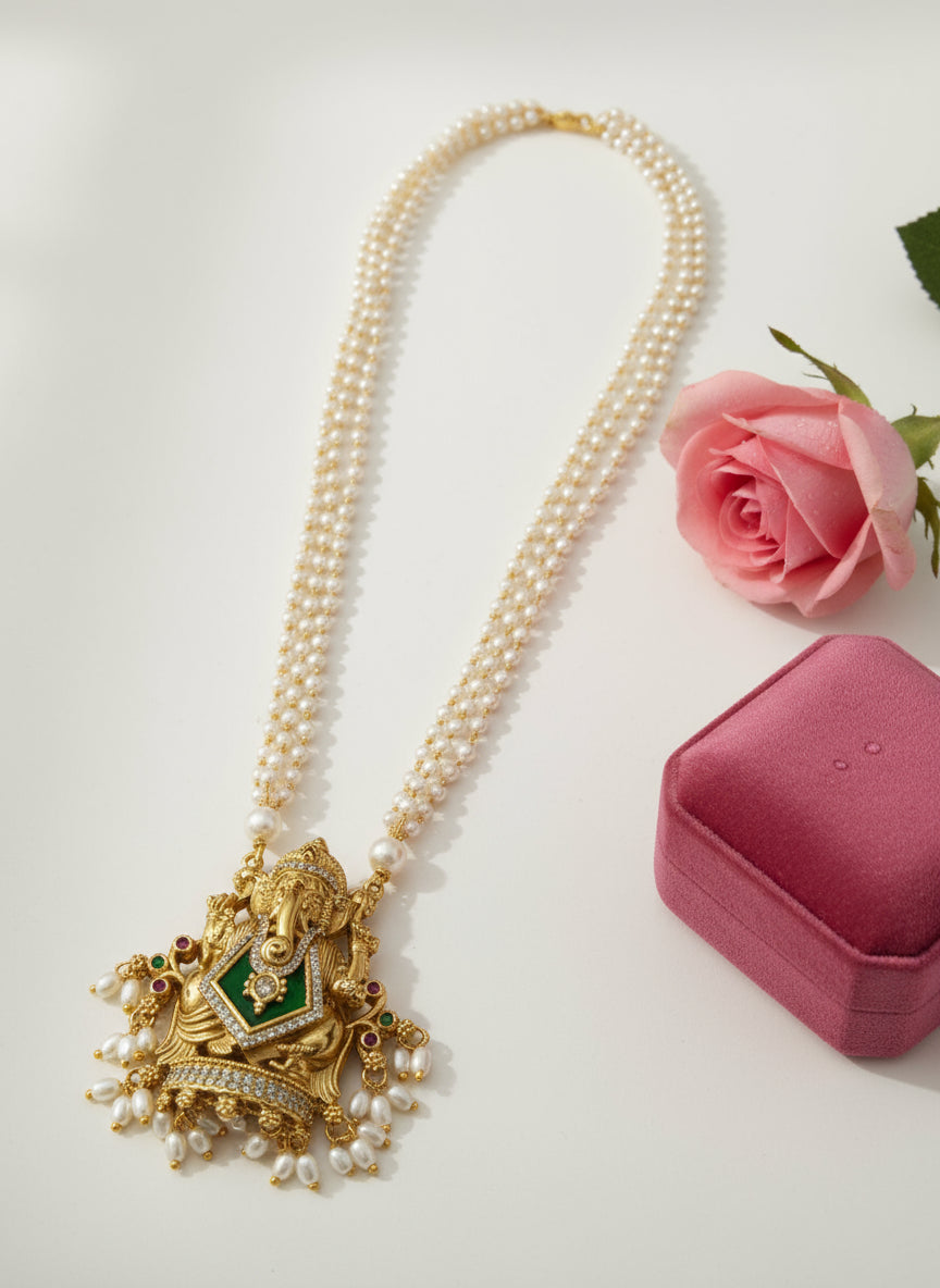 Ganesh Pendant Pearl Layer Long Necklace