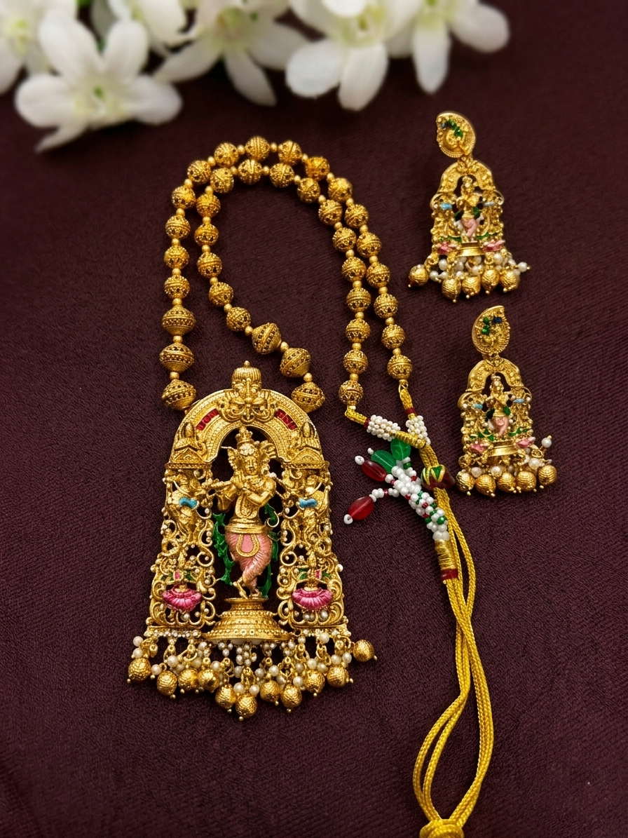 Enamel Krishna Pendant Long Necklace Set