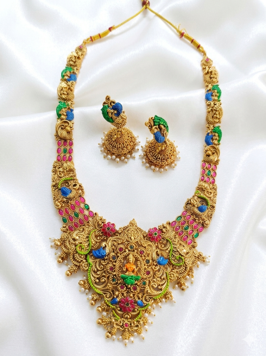 Enamel Peacock Lakshmi Nagas Long Necklace Set