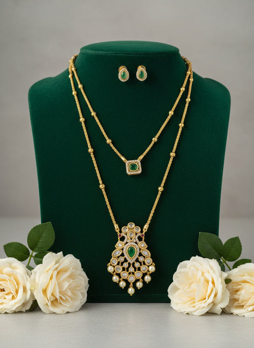 2 Layer AD Stone Pendant Long Necklace Set