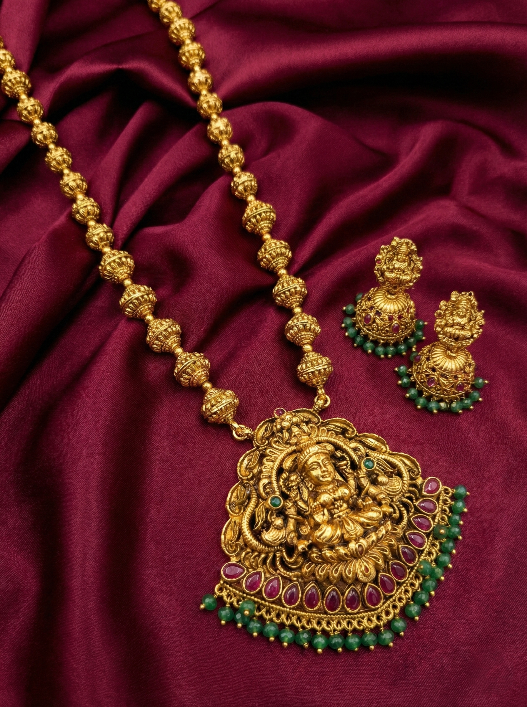 Temple Lakshmi Pendant Mid Long Necklace Set V4
