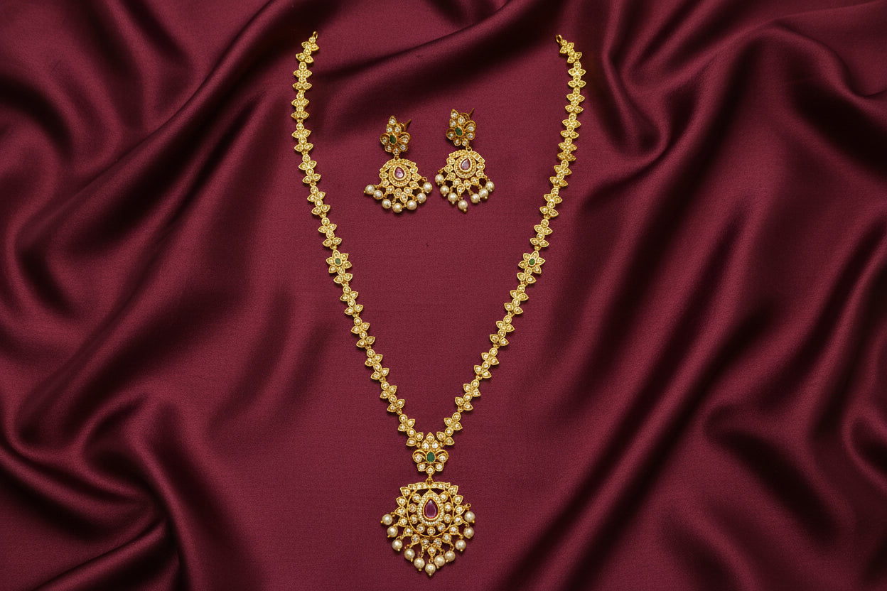 Matte Finish AD Stone Long  Necklace Set