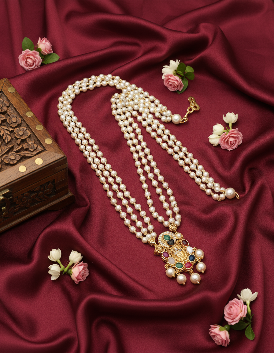 Balaji Pendant Pearl Mid Necklace Set