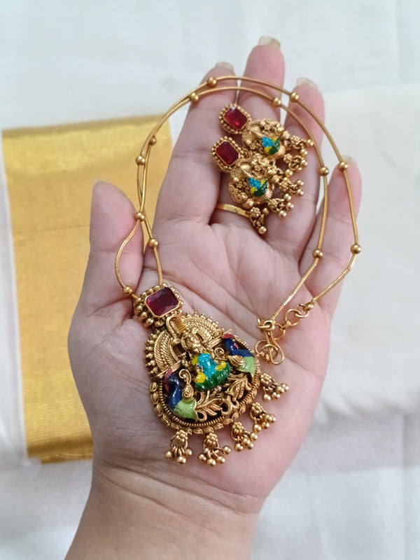 Enamel Lakshmi Pendant AD Stone Mid Long Necklace Set V2
