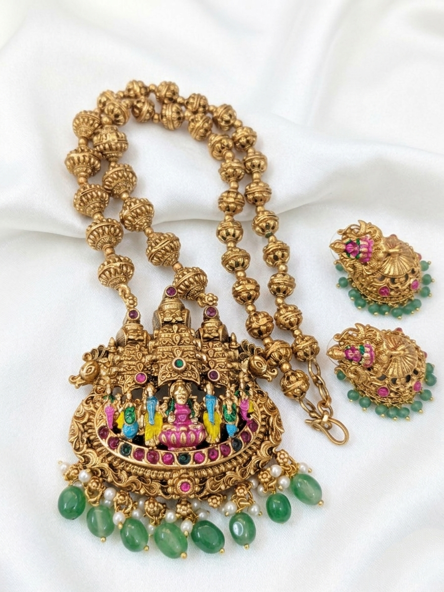 Enamel Lakshmi Pendant Mid Long Necklace Set V16