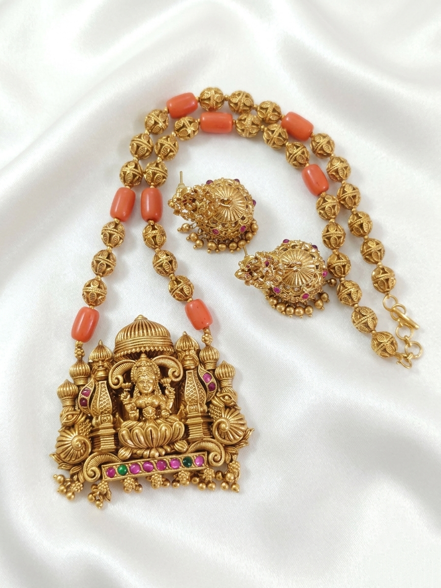 Lakshmi Coral Mid Long Necklace Set V4