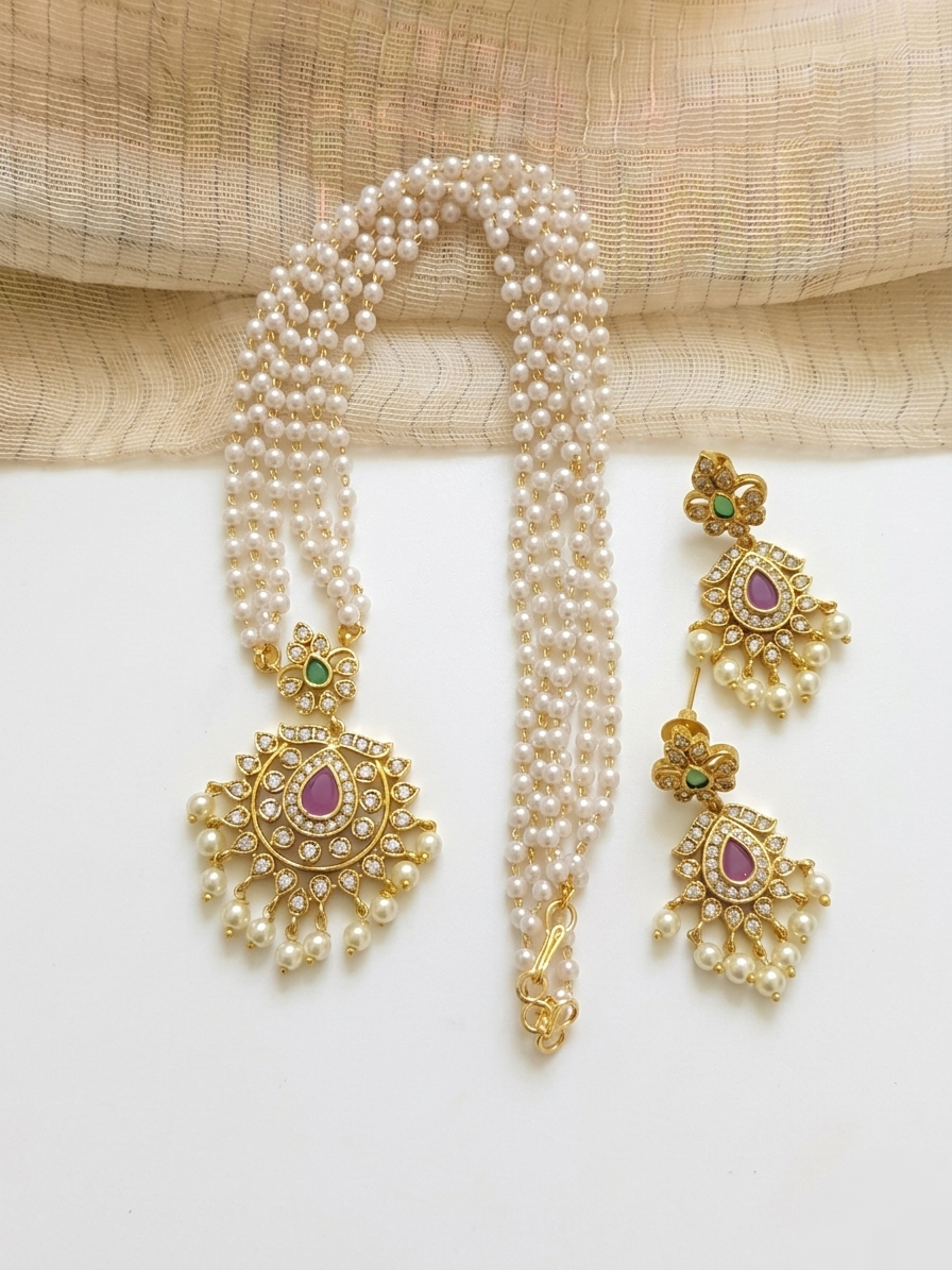 Multi Layer Pearl Mid Long Necklace Set