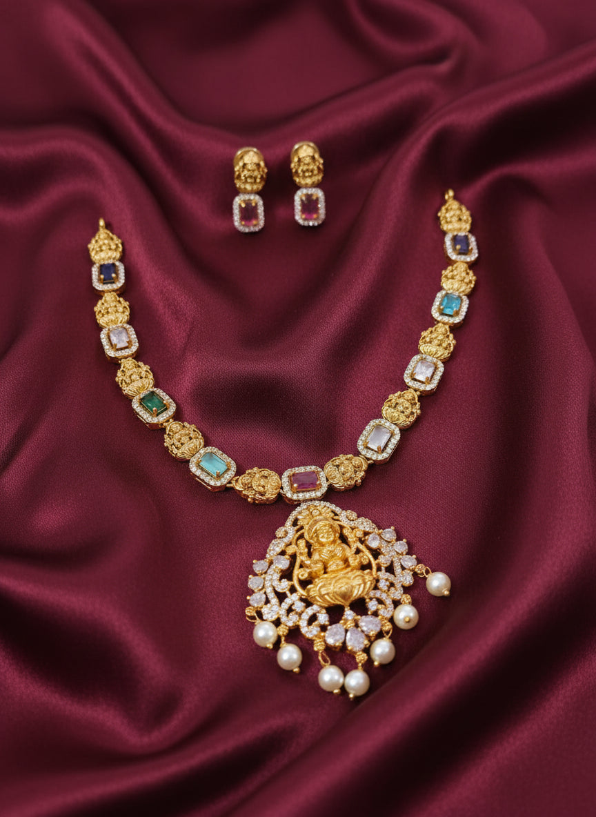 Lakshmi Pendant Navaratna Necklace Set