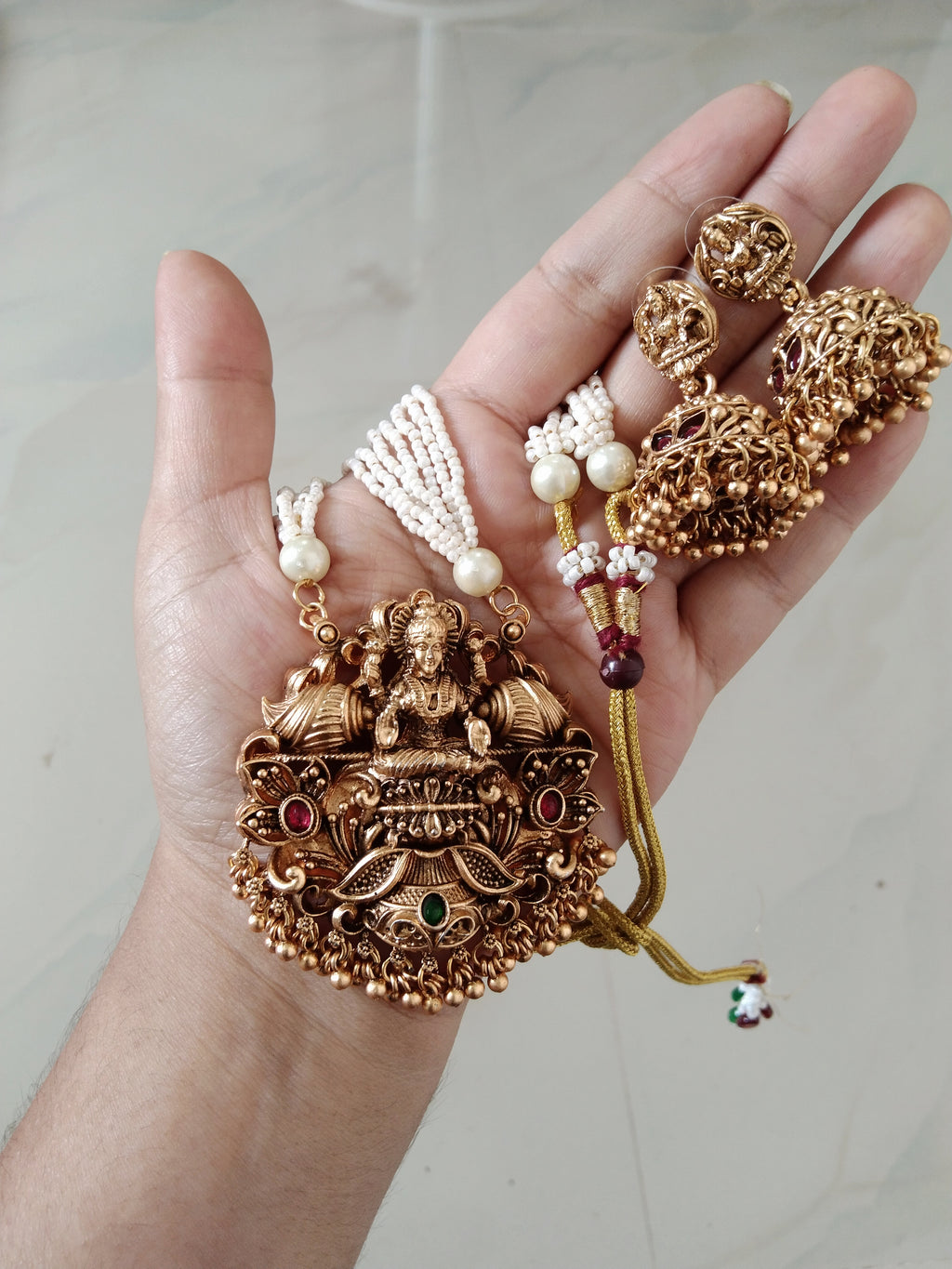 Lakshmi Pendant Pearl Long Necklace Set V1