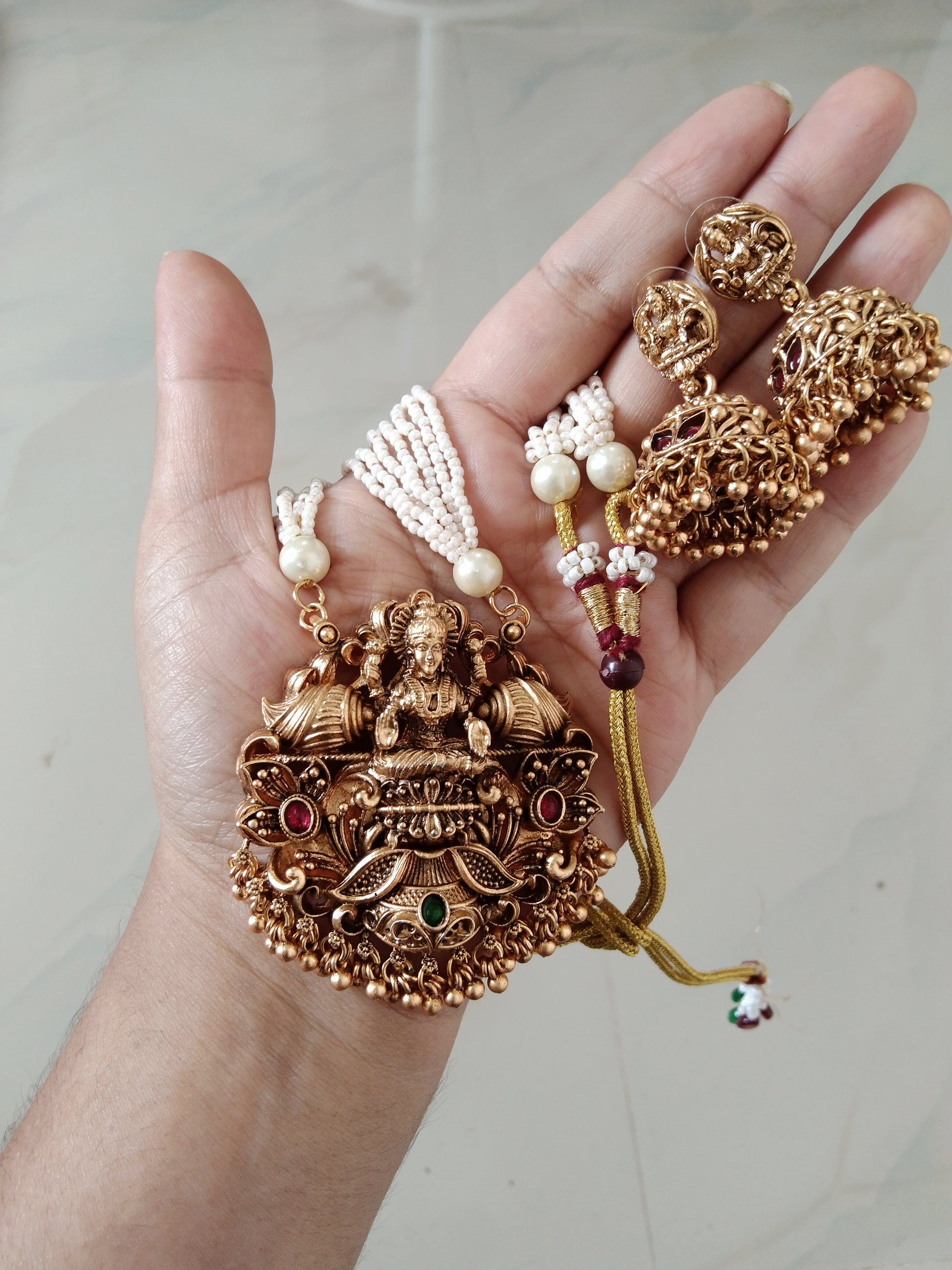 Lakshmi Pendant Pearl Long Necklace Set V1