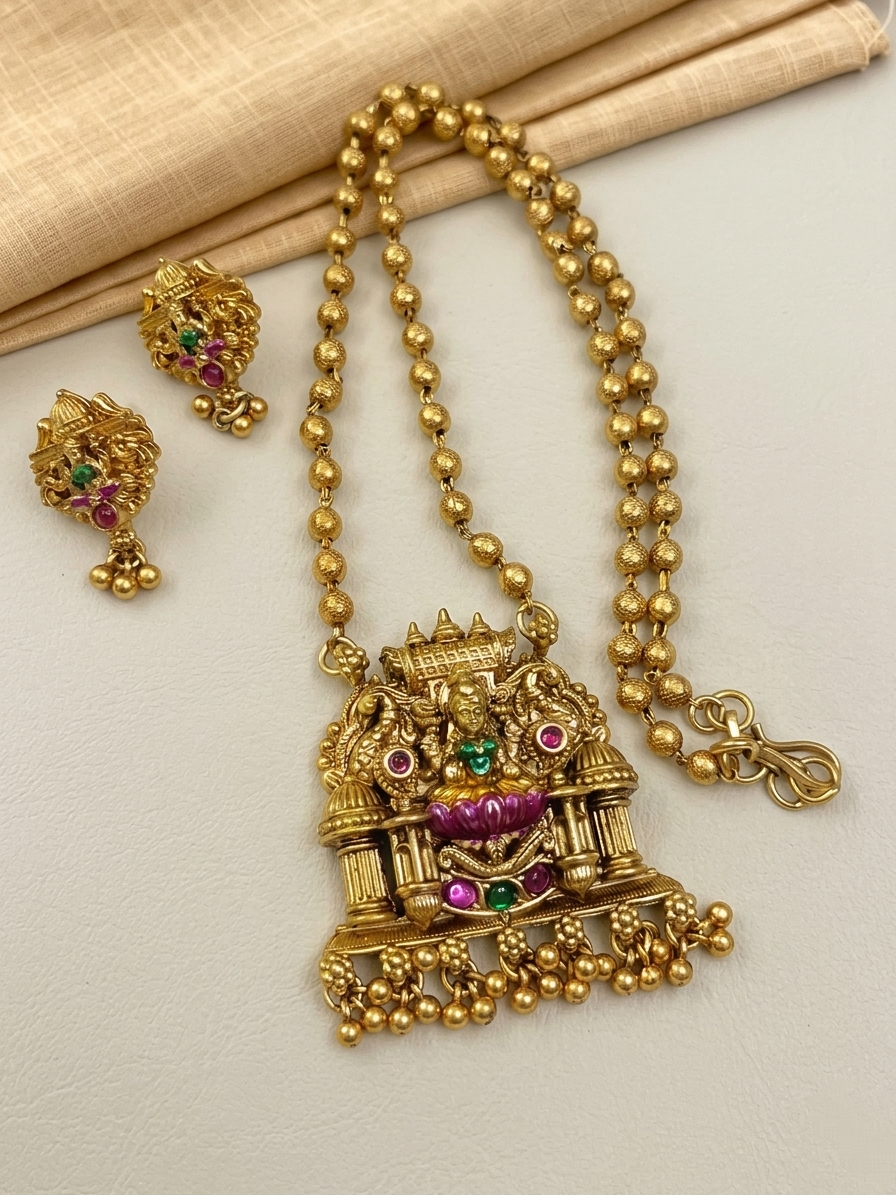 Enamel Lakshmi Pendant Mid Long Necklace Set V21