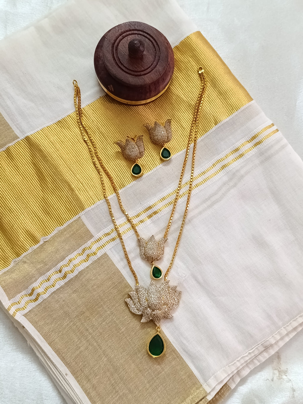 AD Lotus 2 Layer Mid Long Necklace Set