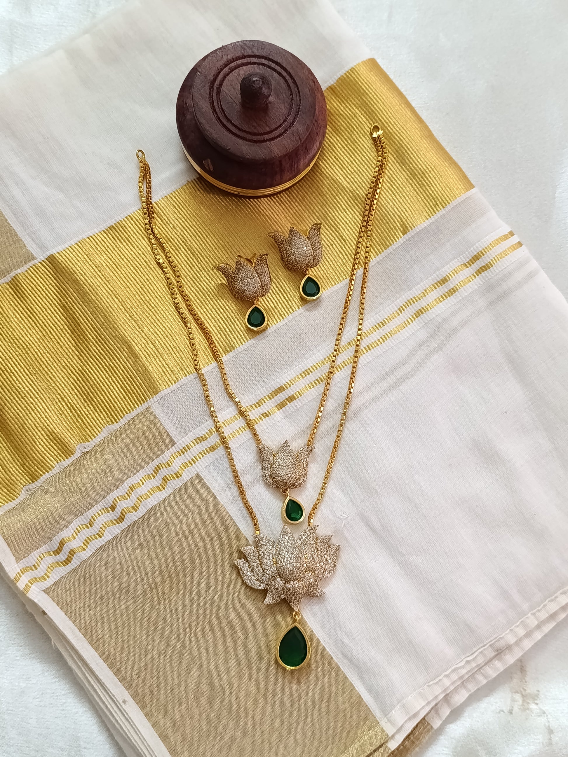 AD Lotus 2 Layer Mid Long Necklace Set