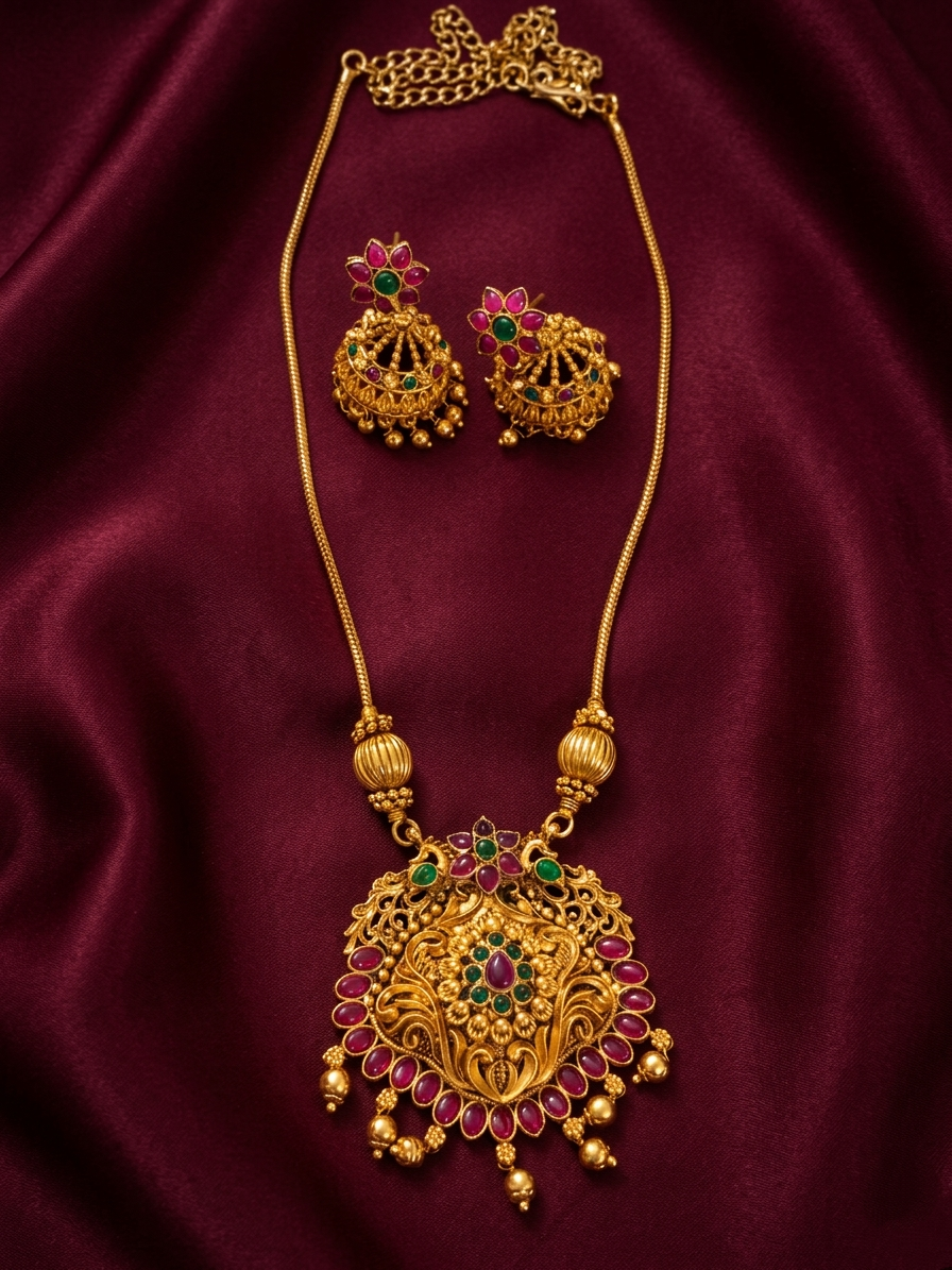 Matte Finish Non Idol Pendant Mid Long Necklace Set V94