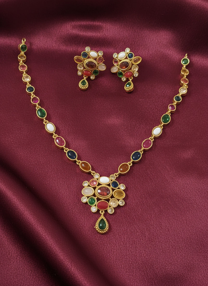 Simple Navaratna Necklace Set