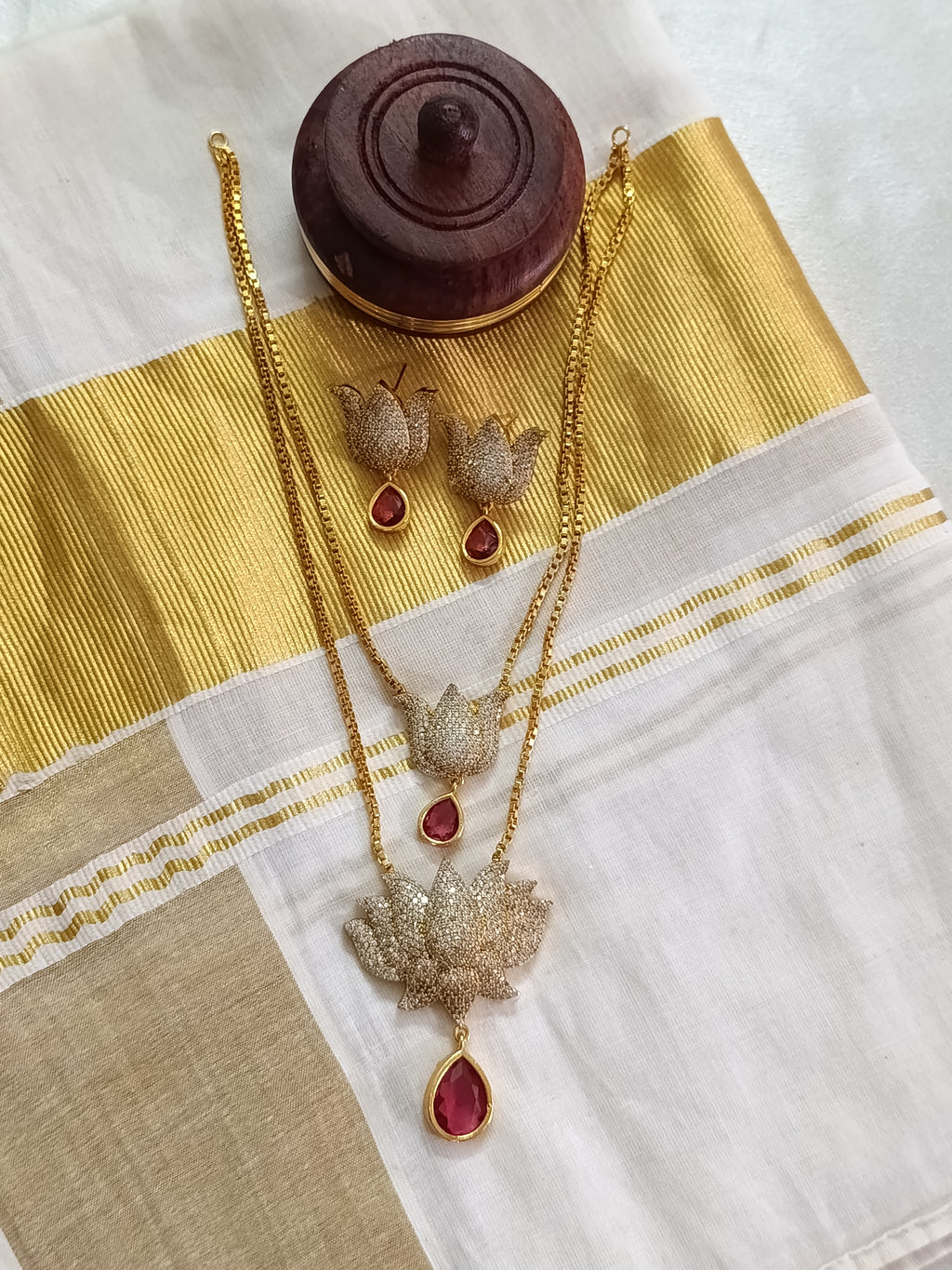 AD Lotus 2 Layer Mid Long Necklace Set
