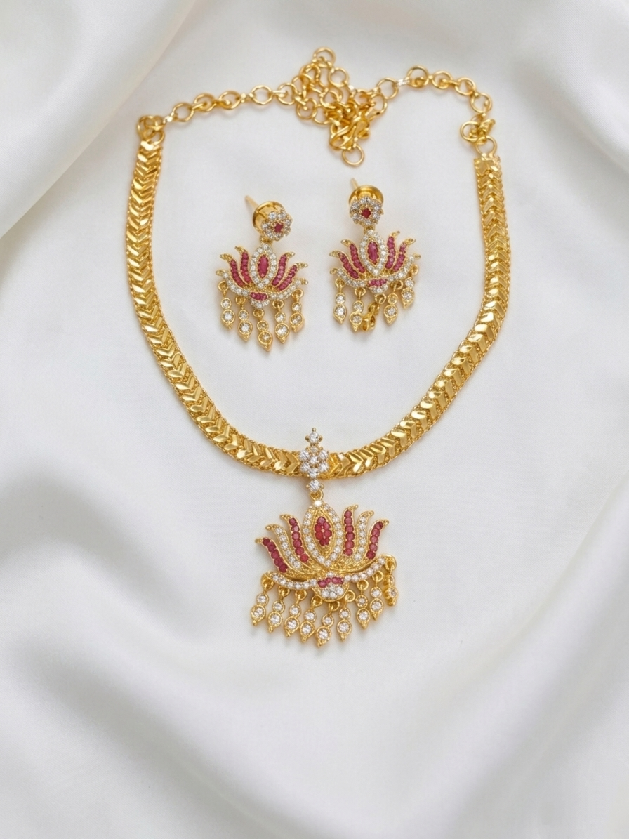Micro Polish Lotus Attigai Necklace Set
