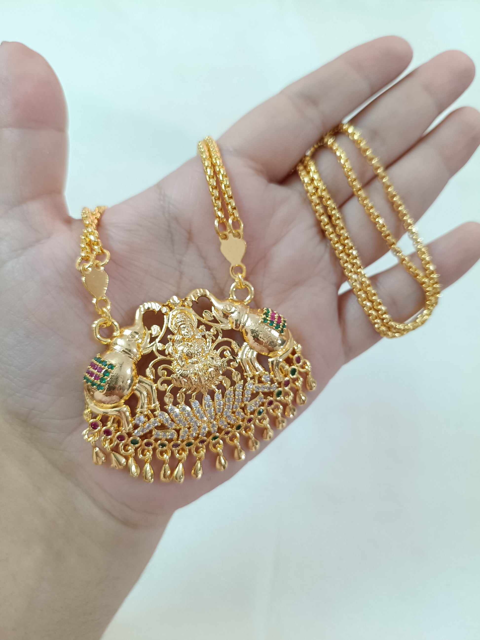 Micro Polish AD Lakshmi Pendant Long necklace set