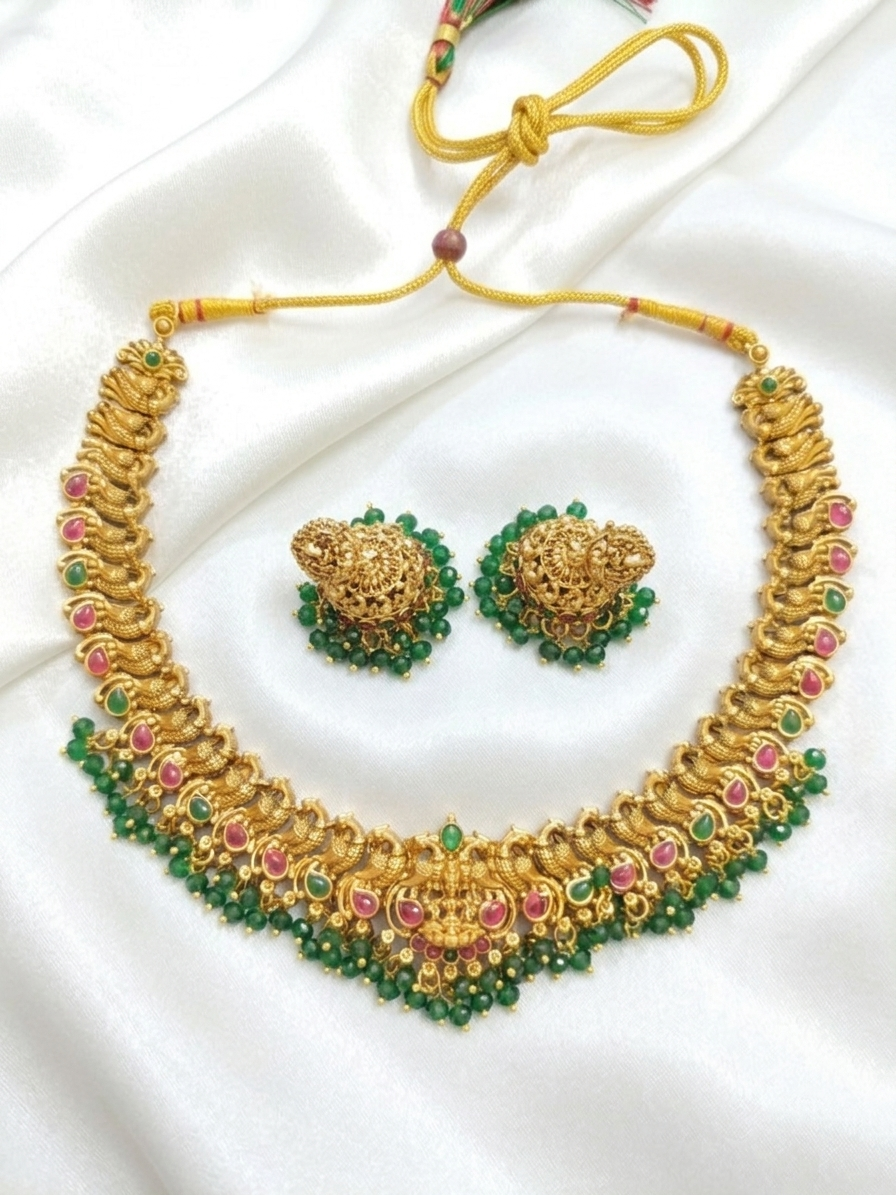 Matte Finish Nagas Lakshmi Necklace Set V17