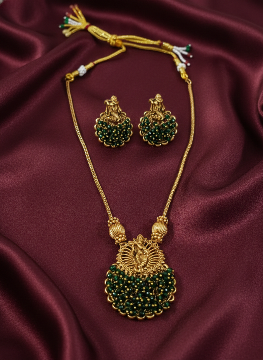 Krishna Beaded Pendant Mid Long Necklace Set